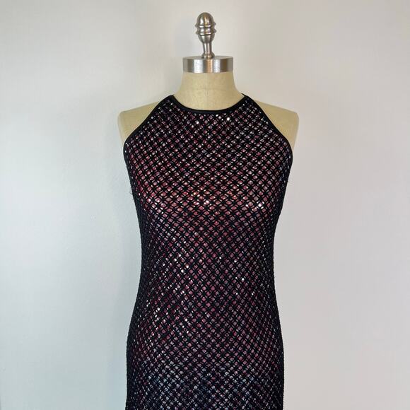 90’s Y2K Rampage Black Overlay Metallic Silver Halter Maxi Occasion Dress (Sz M) - Picture 6 of 16